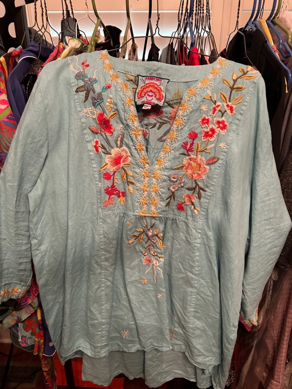 Johnny Was Light Blue Embroidered Boho Tunic